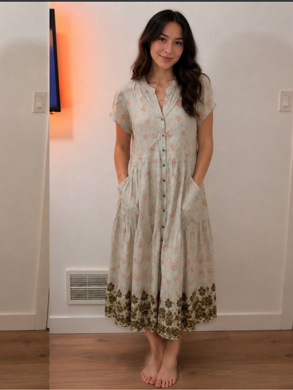 Dkny Casual Button-Front Pastel Mint & Blush Floral Dress